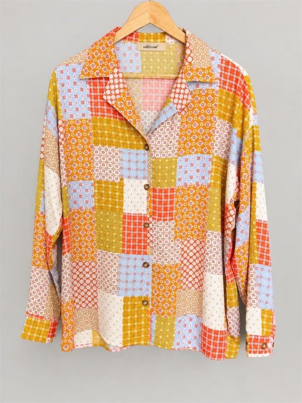 Willow & Root Patchwork Print Button Down Blouse Boho Retro 70s M